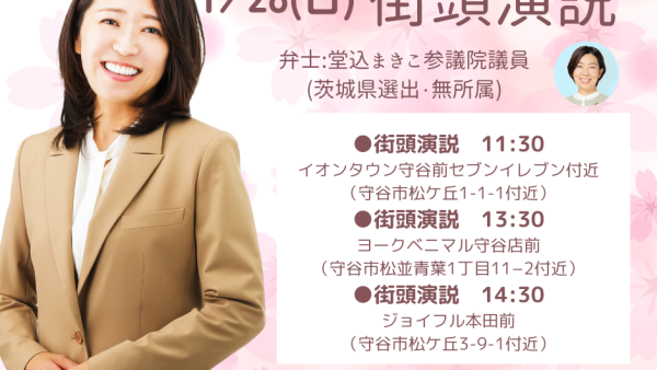 堂込まきこ参議院議員(茨城県選出・無所属)と街頭演説をおこないます